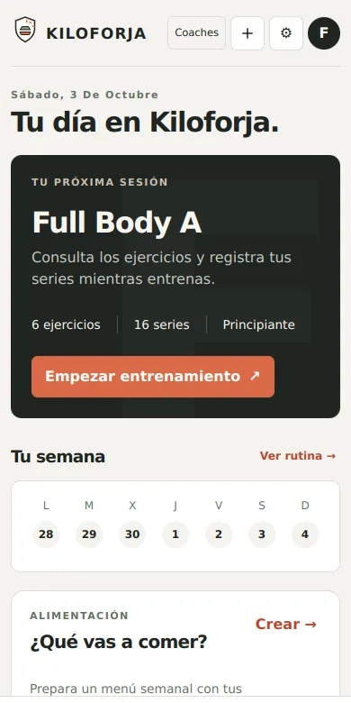 Captura de la app: próxima sesión, semana de entrenamiento y alimentación